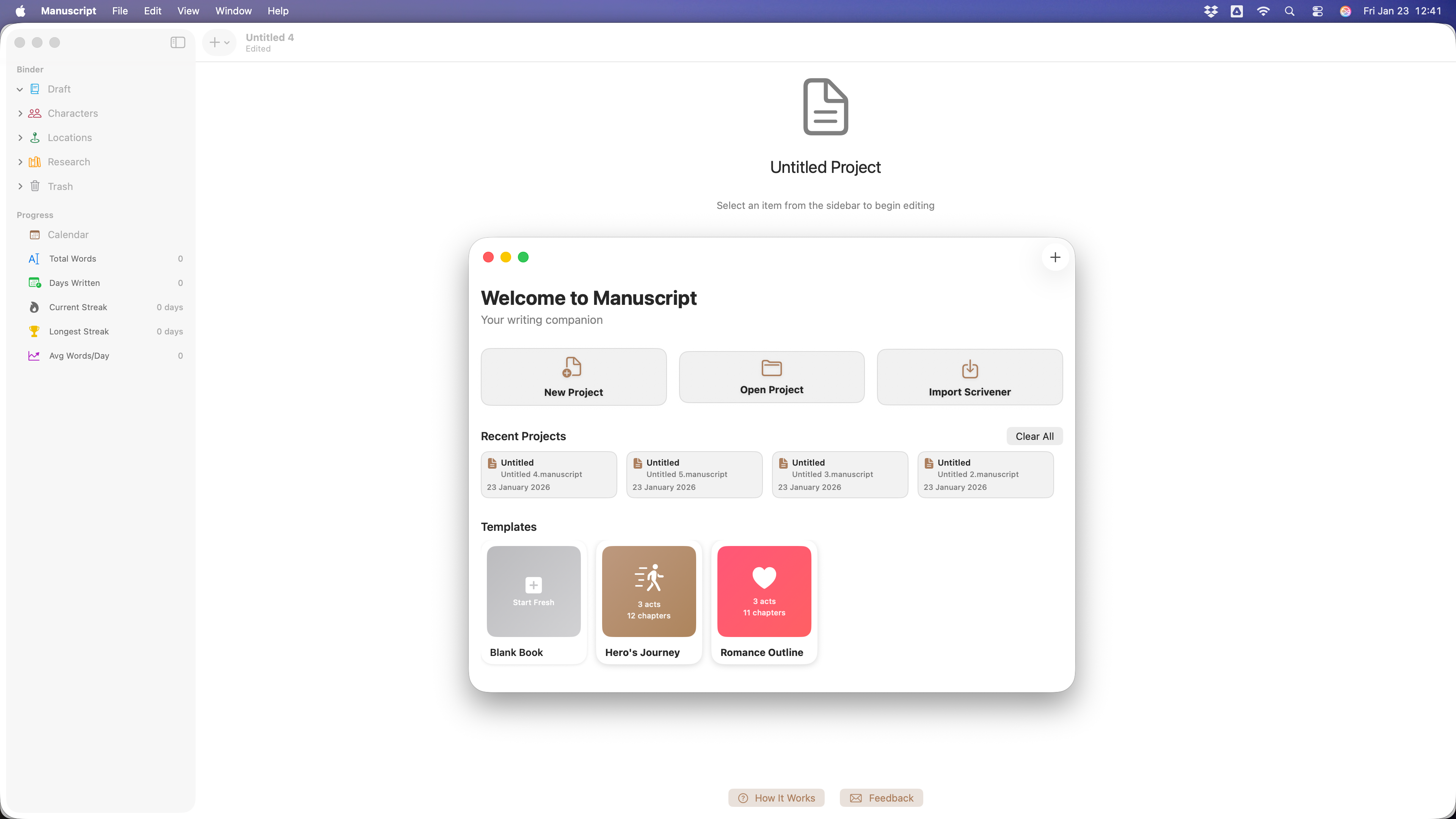 Manuscript welcome screen